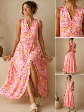 Walker & Wade Pink & Orange Ikat Maxi Dress | XS